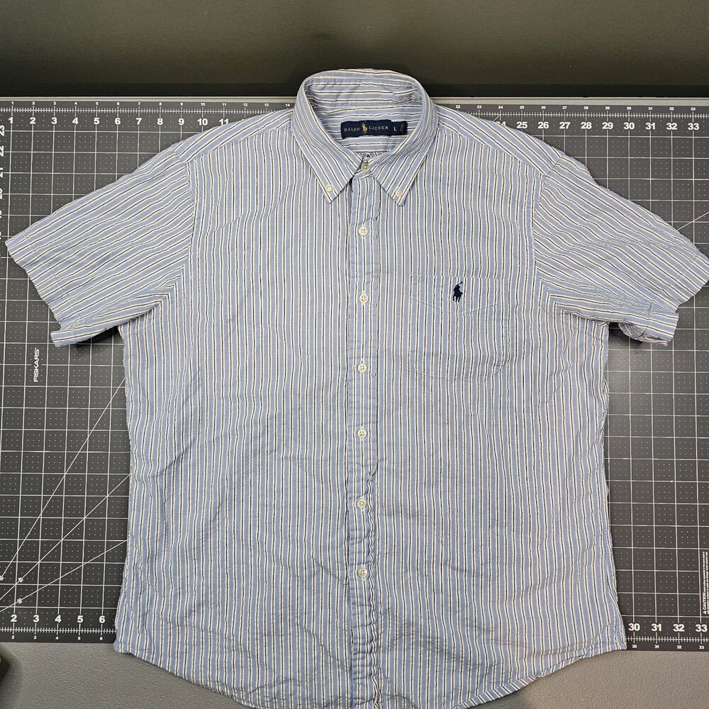 Polo Ralph Lauren Shirt Large Blue Striped Seersucker S/S Short Sleeve Preppy